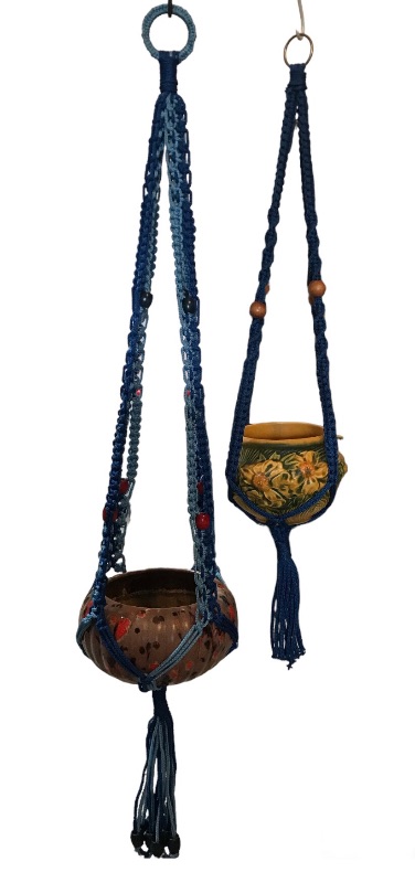 Photo 1 of VINTAGE BLUE HANDCRAFTED MACRAME PLANT HANGER- POTS NOT INCLUDED