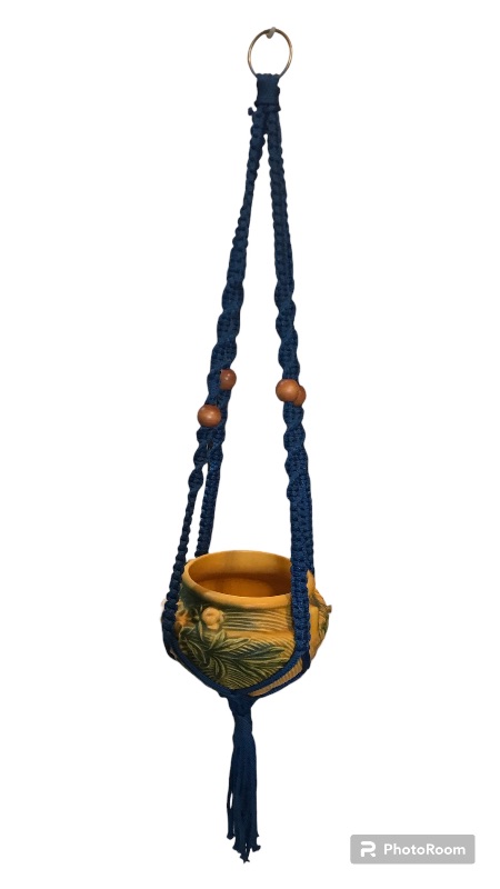 Photo 3 of VINTAGE BLUE HANDCRAFTED MACRAME PLANT HANGER- POTS NOT INCLUDED