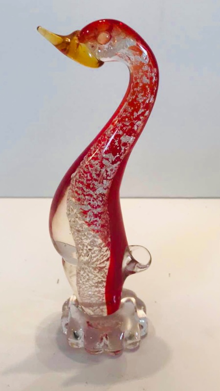 Photo 1 of VINTAGE MURANO RED & CLEAR DUCK WITH SILVER FLAKES H- 8”