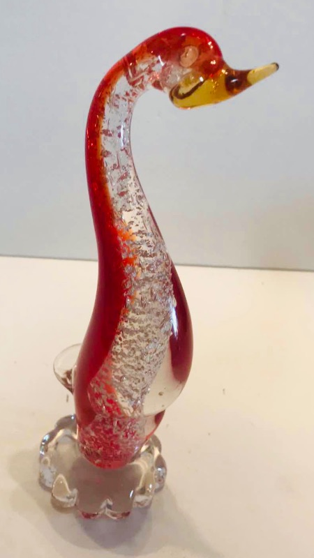 Photo 2 of VINTAGE MURANO RED & CLEAR DUCK WITH SILVER FLAKES H- 8”