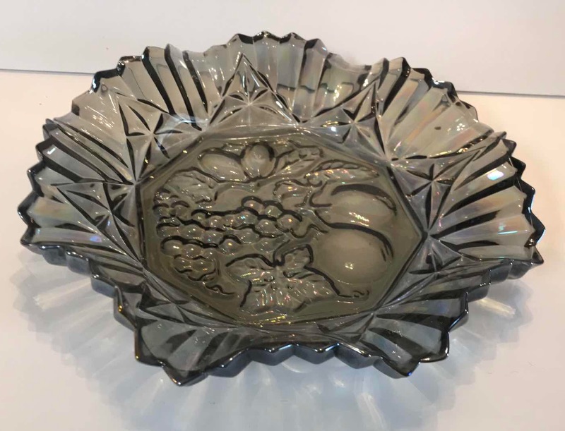 Photo 1 of VINTAGE FEDERAL GLASS PIONEER SMOKE 11” SERVING BOWL W/ FRUIT PATTERN AND RUFFLED/ CRIMPED RIM