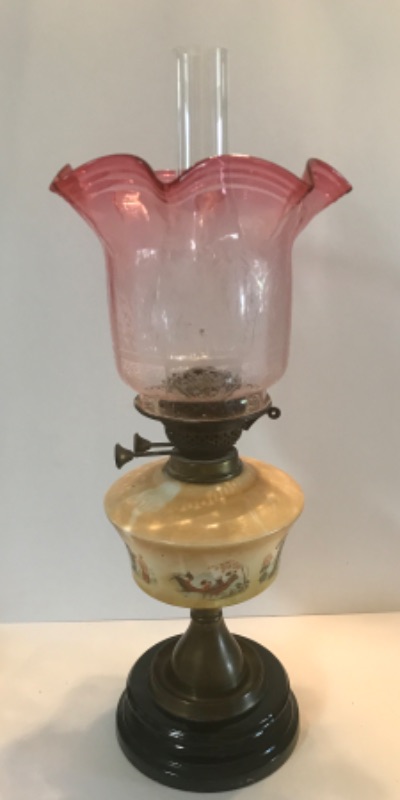Photo 2 of ANTIQUE VICTORIAN CRANBERRY GLASS BRASS OIL LAMP - WITH ASIAN HAND PAINTED SCENE 