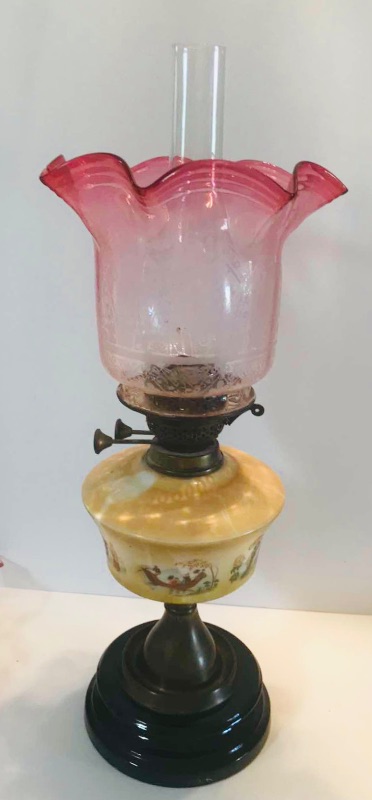 Photo 1 of ANTIQUE VICTORIAN CRANBERRY GLASS BRASS OIL LAMP - WITH ASIAN HAND PAINTED SCENE 