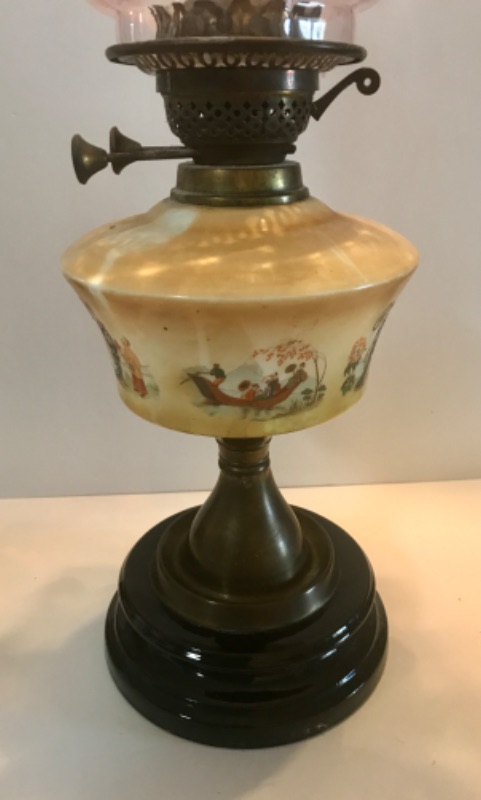 Photo 3 of ANTIQUE VICTORIAN CRANBERRY GLASS BRASS OIL LAMP - WITH ASIAN HAND PAINTED SCENE 