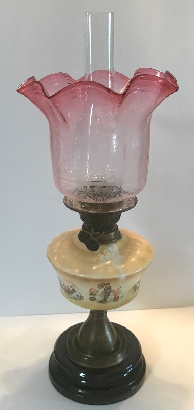 Photo 5 of ANTIQUE VICTORIAN CRANBERRY GLASS BRASS OIL LAMP - WITH ASIAN HAND PAINTED SCENE 