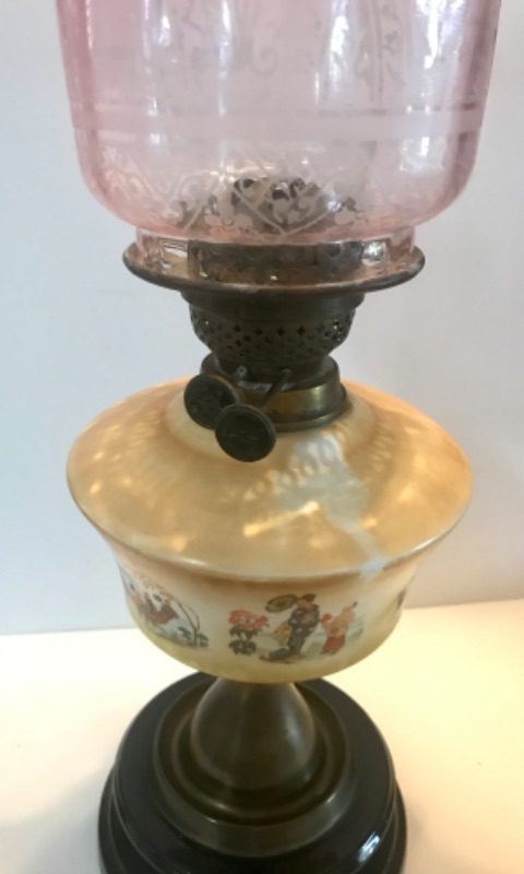 Photo 6 of ANTIQUE VICTORIAN CRANBERRY GLASS BRASS OIL LAMP - WITH ASIAN HAND PAINTED SCENE 