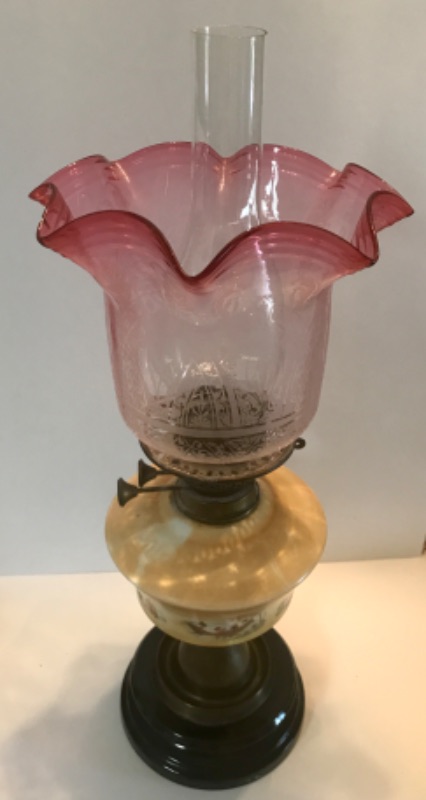 Photo 4 of ANTIQUE VICTORIAN CRANBERRY GLASS BRASS OIL LAMP - WITH ASIAN HAND PAINTED SCENE 