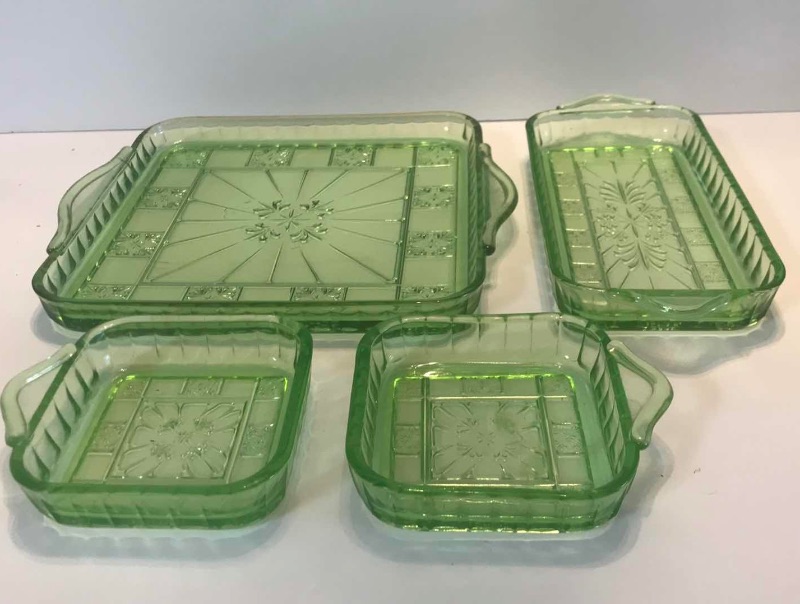 Photo 1 of ANTIQUE JEANETTE DORIC GREEN RELISH TRAY SET VASELINE DEPRESSION GLASS