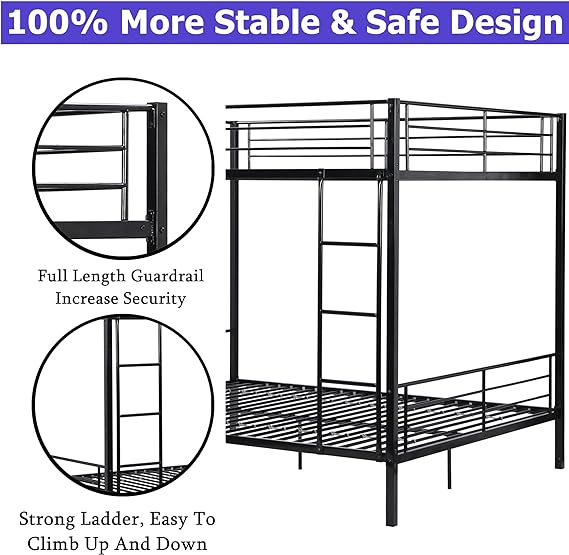 Photo 2 of METAL QUEEN OVER QUEEN BUNK BED FRAME WITH REVERSIBLE FRONT LADDER AND FULL-LENGTH GUARDRAILS FOR CHILDREN TEENS & ADULTS - MATRESSES NOT INCLUDED - BUYER TO REMOVE BRING TOOLS 

