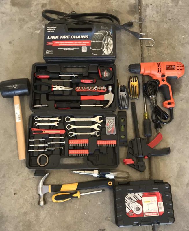 Photo 1 of BLACK & DECKER DRILL , SOCKET SET , TIRE CHAINS , TOOLS &  MORE 