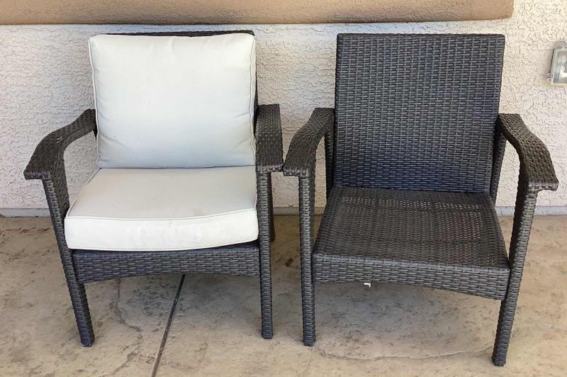 Photo 1 of BLEECKER OUTDOOR GREY WICKER CLUB CHAIRS WITH CUSHION (SET OF 2) - ONLY ONE HAS CUSHION 