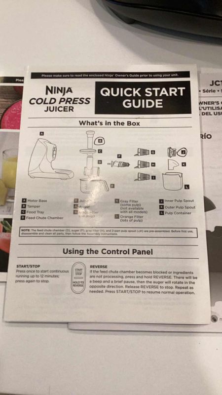 Photo 3 of NINJA JC101 COLD PRESS PRO COMPACT POWERFUL SLOW JUICER WITH TOTAL PULP CONTROL & EASY CLEAN, - MISSING 2 PARTS CIRCLED ON PRODUCT SHEET 

