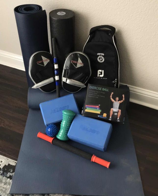 Photo 2 of EXERCISE EQUIPMENT- AILUKI EXERCISE BALL SET INCLUDING PUMP AND RESISTANT BANDS-2 YOGA MATS- BODY ROLLER- FOREARM PADS-A2ZCARE FOAM RISERS AND MORE