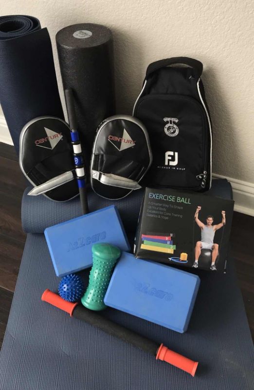 Photo 1 of EXERCISE EQUIPMENT- AILUKI EXERCISE BALL SET INCLUDING PUMP AND RESISTANT BANDS-2 YOGA MATS- BODY ROLLER- FOREARM PADS-A2ZCARE FOAM RISERS AND MORE