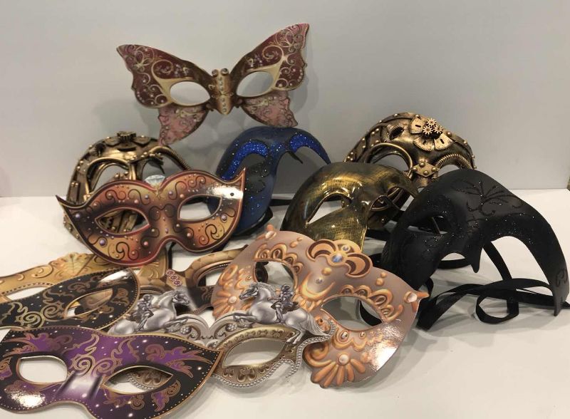 Photo 1 of MASQUERADE MASKS-9 HARD PLASTIC NEW IN PKG-VARIETY OF CARDBOARD MASKS NEW IN PKG