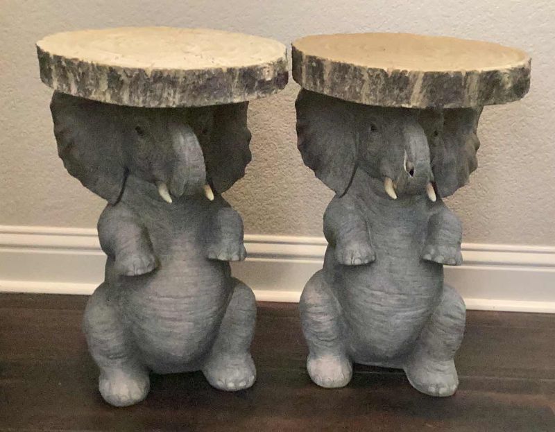 Photo 1 of LUCKY ELEPHANT SIDE TABLES - ONE HAS SLIGHT DAMAGE PLEASE VIEW PHOTOS 