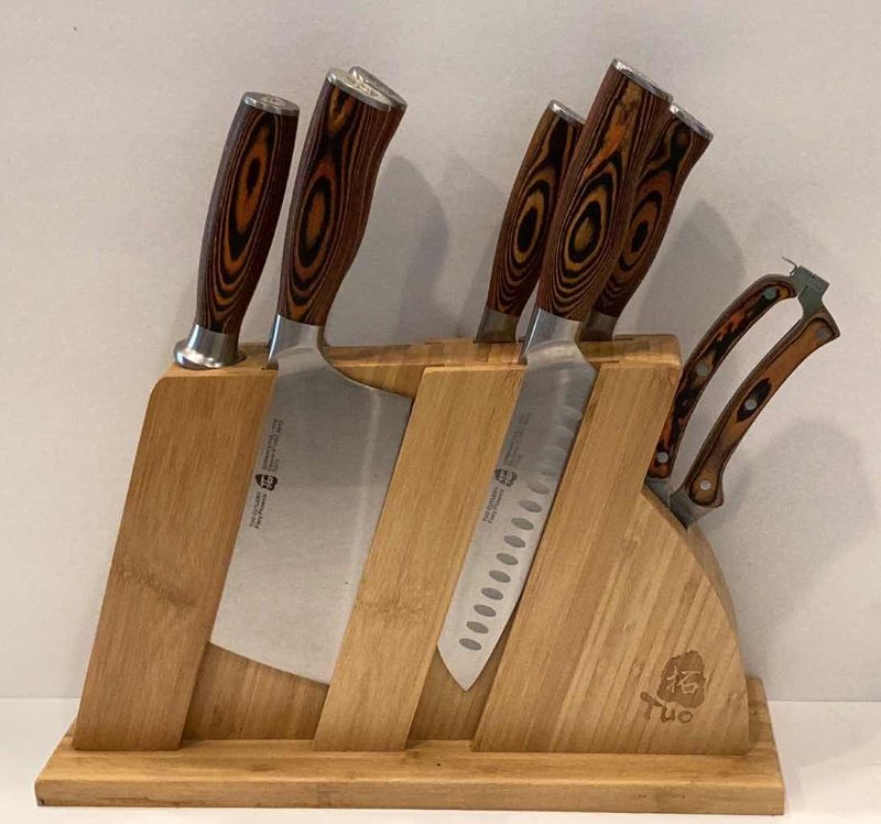 Photo 2 of TUO CUTLERY KNIFE SET WITH WOODEN BLOCK HONING STEEL AND SHEARS PAKKAWOOD HANDLE

