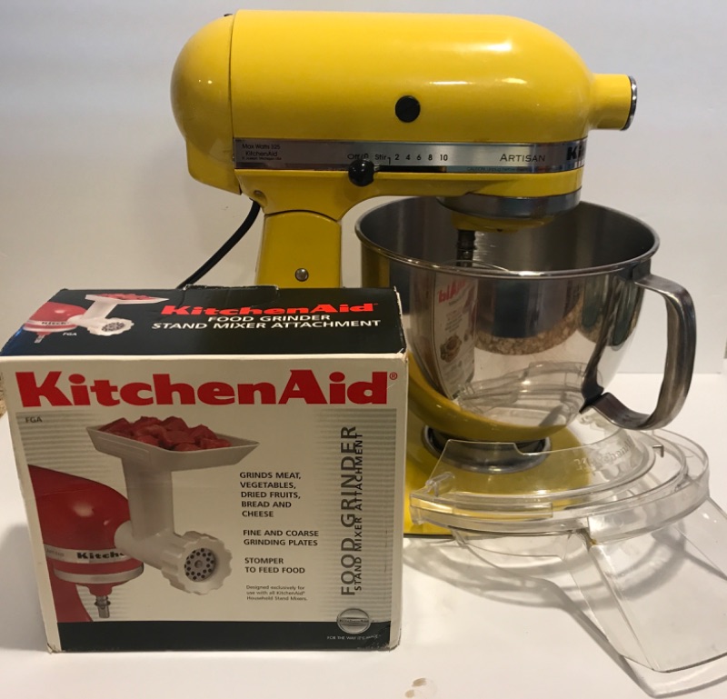 Photo 2 of KITCHENAID 5-Q ARTISAN TILT YELLOW STAND MIXER W / FOOD GRINDER ATTACHMENT