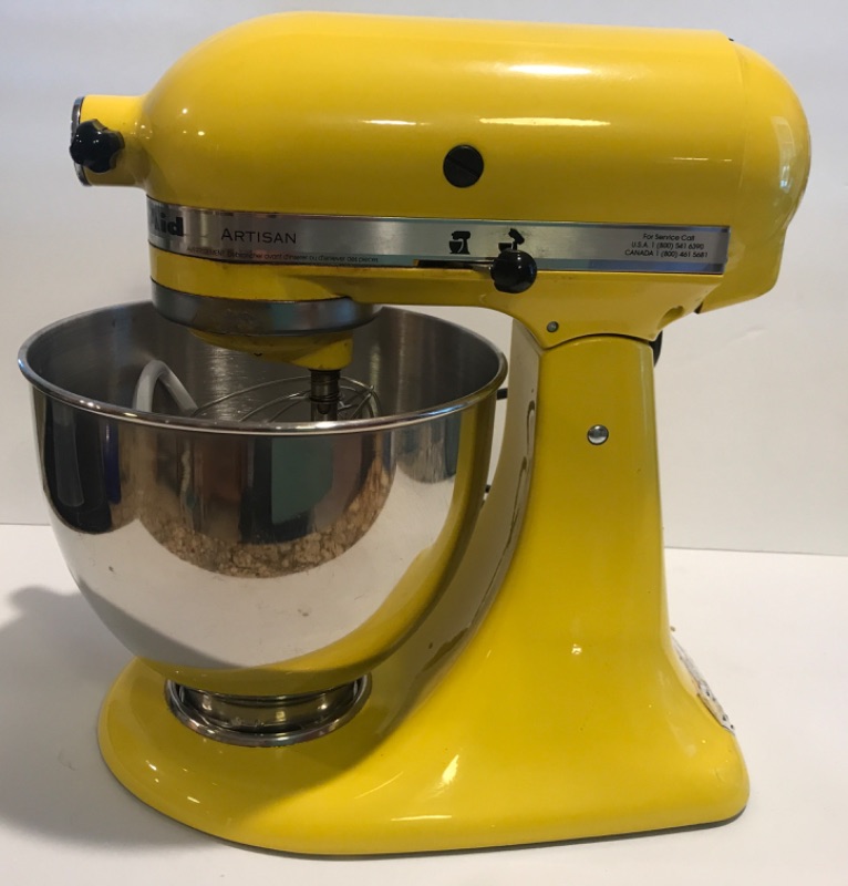 Photo 1 of KITCHENAID 5-Q ARTISAN TILT YELLOW STAND MIXER W / FOOD GRINDER ATTACHMENT