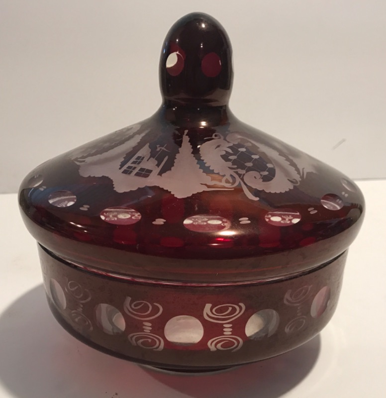 Photo 1 of VINTAGE CZECH EGERMANN RUBY CARVED GLASS CANDY/ COOKIE DISH