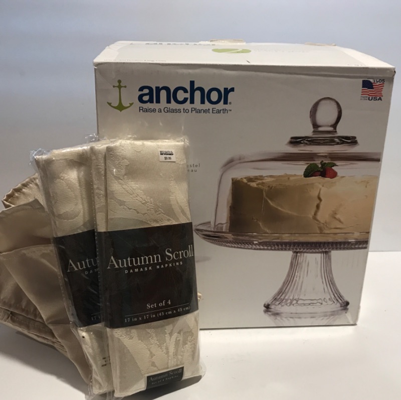 Photo 1 of VINTAGE ANCHOR PEDESTAL COVER CAKE DISH AND DECORATIVE NAPKINS NIP