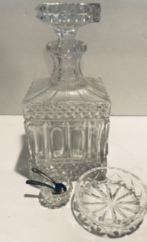 Photo 1 of BOHEMIA GLASS DECANTER AND SALT DISH WITH SPOONS
