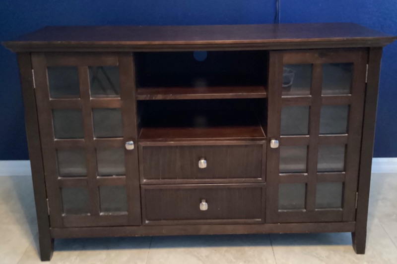 Photo 1 of ARCADIAN BRUNETTE BROWN WOOD TRANSITIONAL TV STAND WITH 2 DRAWERS-FITS TVS UP TO 60 “ WITH STORAGE DOORS 53”x 16”x 36”