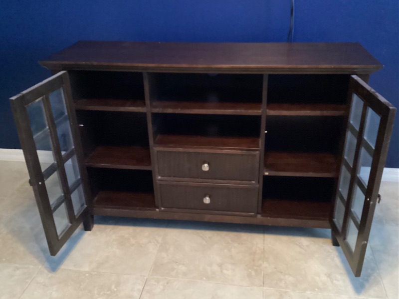 Photo 3 of ARCADIAN BRUNETTE BROWN WOOD TRANSITIONAL TV STAND WITH 2 DRAWERS-FITS TVS UP TO 60 “ WITH STORAGE DOORS 53”x 16”x 36”