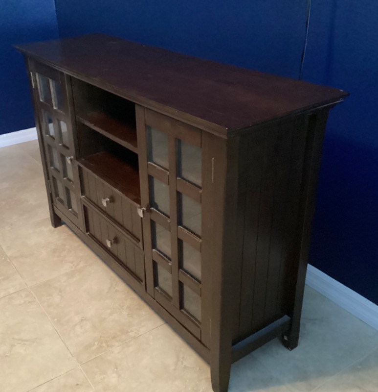 Photo 2 of ARCADIAN BRUNETTE BROWN WOOD TRANSITIONAL TV STAND WITH 2 DRAWERS-FITS TVS UP TO 60 “ WITH STORAGE DOORS 53”x 16”x 36”