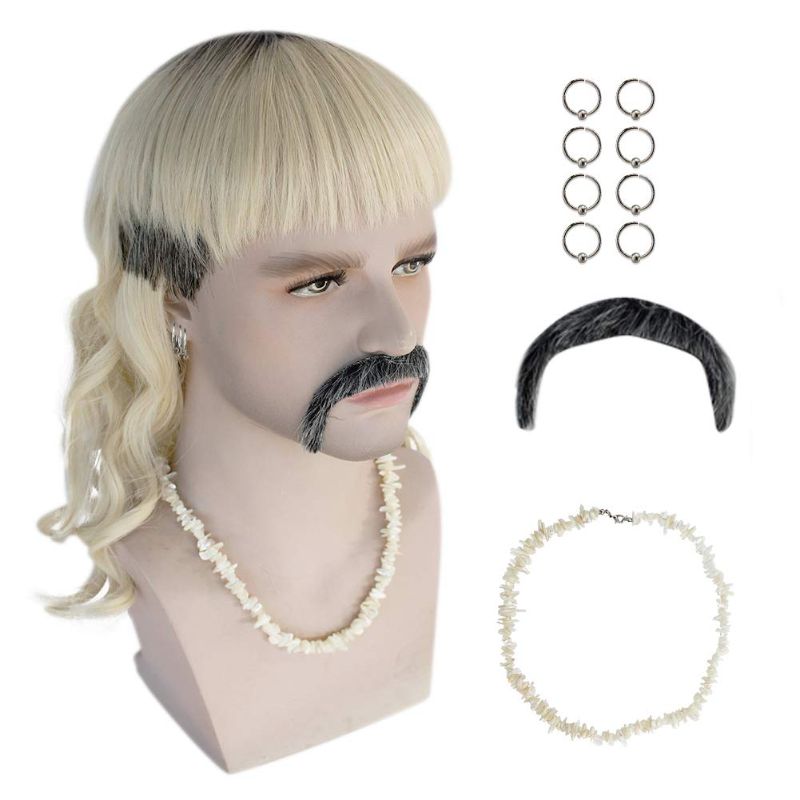 Photo 1 of ANOGOL Wig+{ 8 Earrings +1 Mustache+1 Clavicle Chain } Black Ombre Blonde Wig for 80s wig Men Natural Synthetic Hair Halloween for Theme Party
