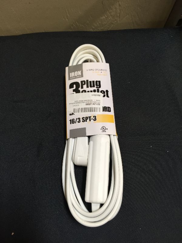 Photo 2 of 8 Ft Extension Cord with 3 Electrical Power Outlet - 16/3 Durable White Cable
