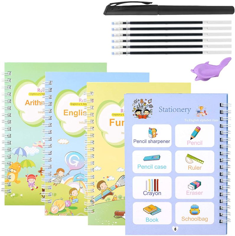 Photo 1 of Magic Copy Practice Book Copybook Letters Set 4 Pack with Pens Refills English Cursive Calligraphy Reusable for Kids Kindergarten Preschool 1st 3rd Grade Toddlers Age 3 4 5 6 7 8 English
