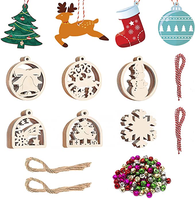 Photo 1 of 100PCS Wooden Christmas Ornaments Unfinished Predrilled Blank Wood Circles, DIY Wood Crafts for Christmas, Wedding, Holiday Hanging Decoration in 10 Shapes