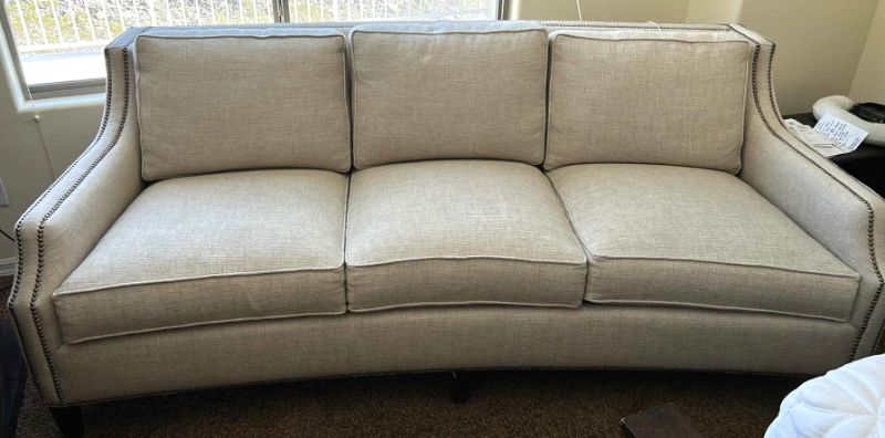 Photo 1 of 7' SOFA-  LEXINGTON UPHOLSTERY MADE IN USA OFF WHITE TEXTURED LINEN WITH NAIL HEAD FINISH