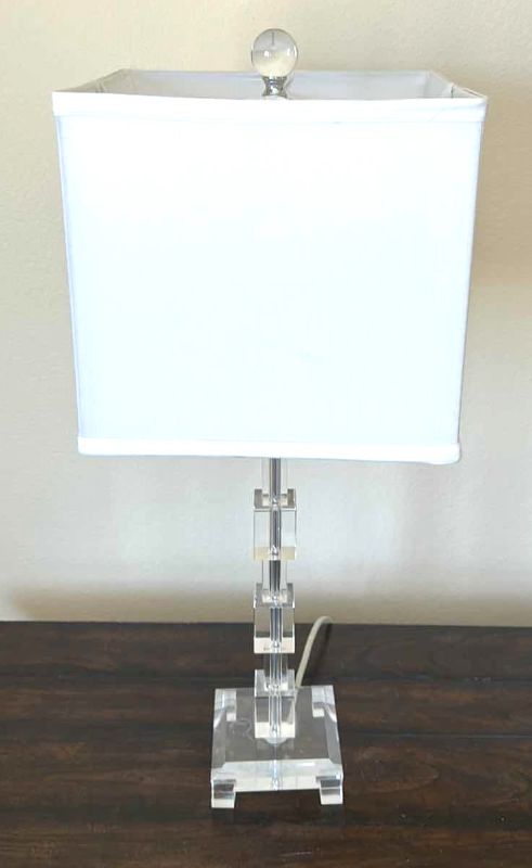 Photo 1 of ACRYLIC AND CHROME LAMP WITH WHITE LINEN SHADE H27”