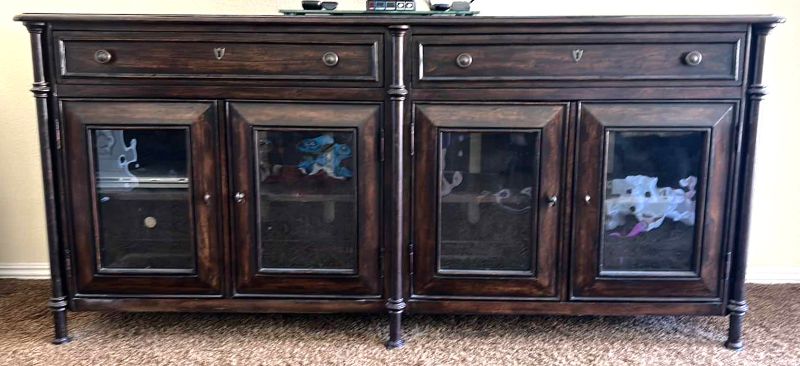 Photo 1 of STANLEY TUSCAN STYLE DISTRESSED WOOD SIDEBOARD WAVY GLASS INSERTS (TV SOLD SEPARATELY) 6‘,5“, 20.5” x 3’