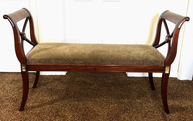 Photo 1 of WOOD BENCH WITU UPHOLSTERED GREEN FABRIC 32” x 17”