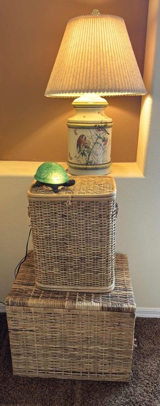 Photo 1 of TWO WICKER BASKETS AND TWO LAMPS (LARGE WICKER STORAGE 22 1/2 x 17 1/2 x 18”