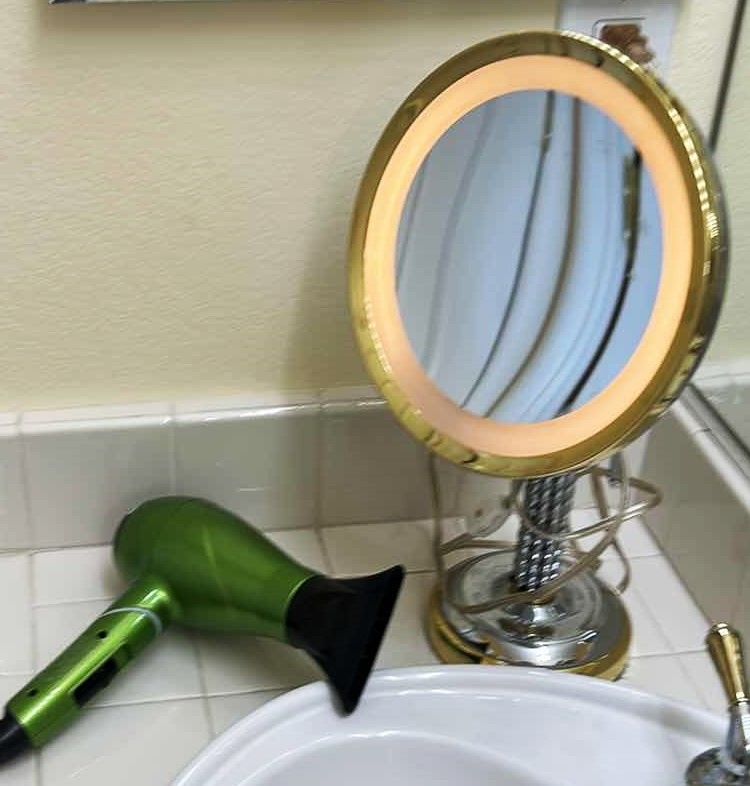 Photo 1 of CHROME AND BRASS LIGHTED MAGNIFYING MAKEUP MIRROR and CONAIR INFINITY PRO HAIR DRYER