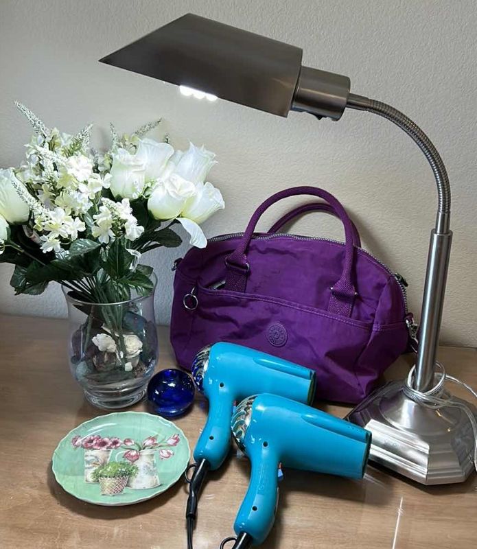 Photo 1 of MISC ASSORTMENT - PURPLE HANDBAG, VASE, TWO BLOW DYERS, LAMP AND MORE