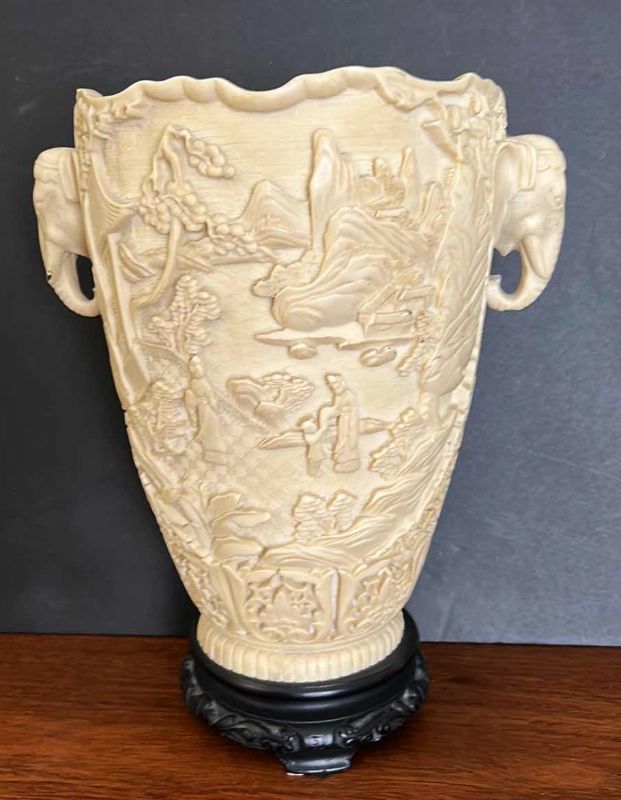 Photo 1 of HEAVILY SCULPTED/CAST ASIAN INSPIRED VASE  10“ x 12“