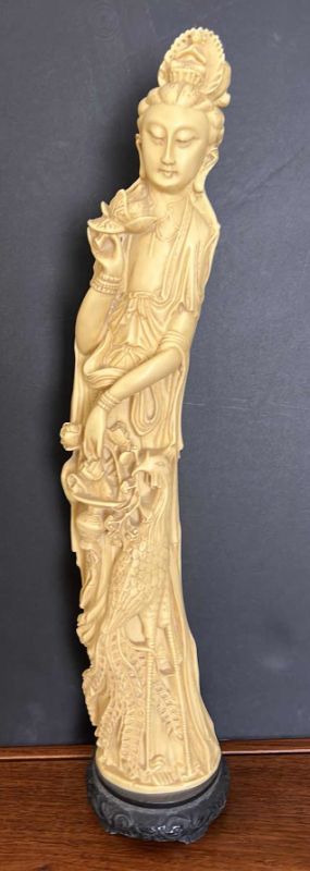 Photo 1 of HEAVILY SCULPTED/CAST ASIAN SCULPTURE WOMAN HOLDING LOTUS FLOWER H27”