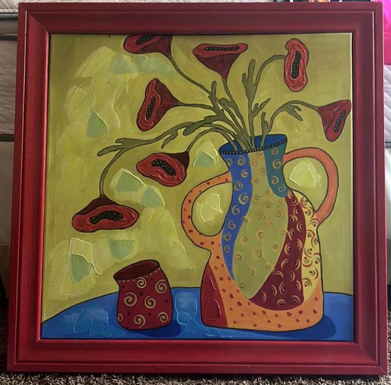 Photo 1 of WALL DECOR- PAINTING ON STRETCHED CANVAS, ABSTRACT COLORFUL FLORAL IN VASE FRAMED ARTWORK 28 1/2” x 28 1/2”