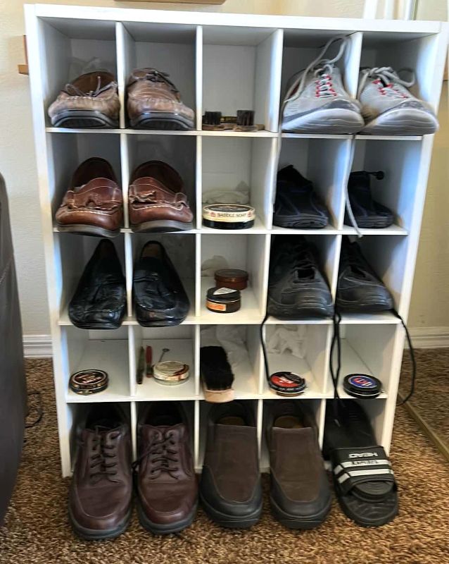 Photo 1 of MENS SHOE RACK WITH SHOES AND CLEANING WAX SUPPLIES 11D
