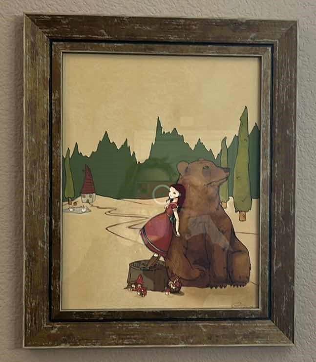 Photo 1 of WALL DECOR- SIGNED ARTWORK, HIDDEN ELOISE " HE SAYS HE CAN HEAR THE FOREST WHISHPER.." IN RUSTIC WOOD FRAME 14 1/2” x 17 1/2