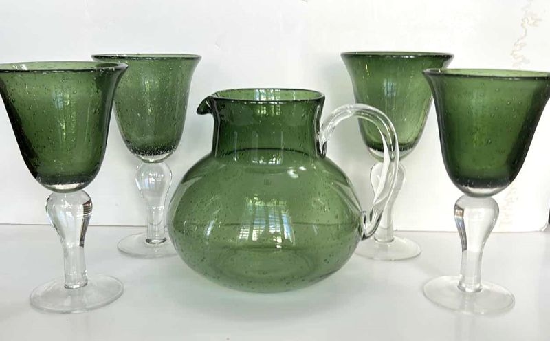 Photo 1 of GREEN SPECKLED GLASS PITCHER WITH 4 STEMMED GLASSES