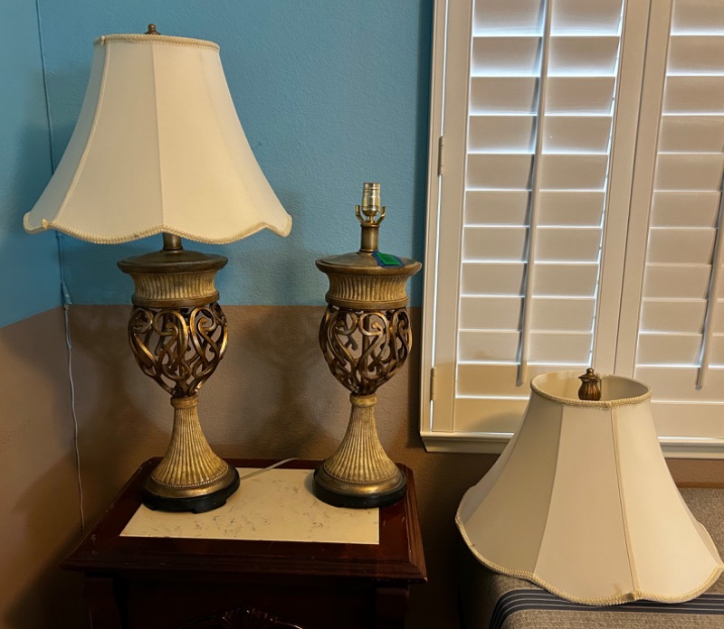 Photo 1 of TWO HEAVY AGED METAL TABLE LAMPS -  WITH SHADE H35” (