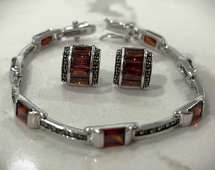 Photo 1 of FINE JEWELRY- .925 STERLING SILVER MARCASITE AND GARNET BRACELET AND EARRINGS