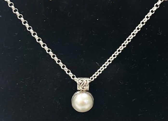 Photo 1 of FINE JEWELRY- .925 NECKLACE WITH PEARL PENDANT (PEARL IS 1/2 INCH)