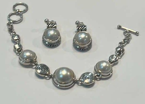 Photo 1 of FINE JEWELRY- .925 STERLING SILVER BRACELET AND EARRINGS WITH PEARLS